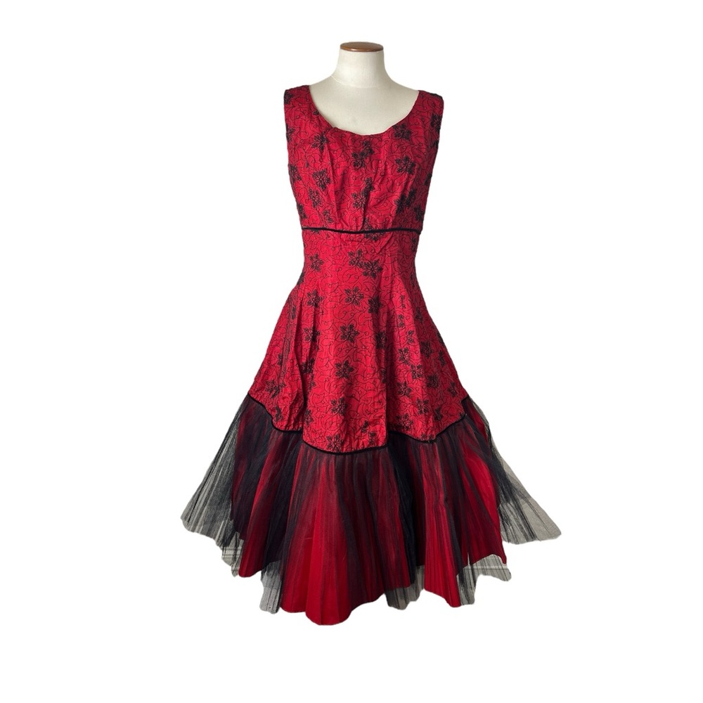 50s Red Taffeta and Black Tulle and Lace Party Circle Skirt Dress